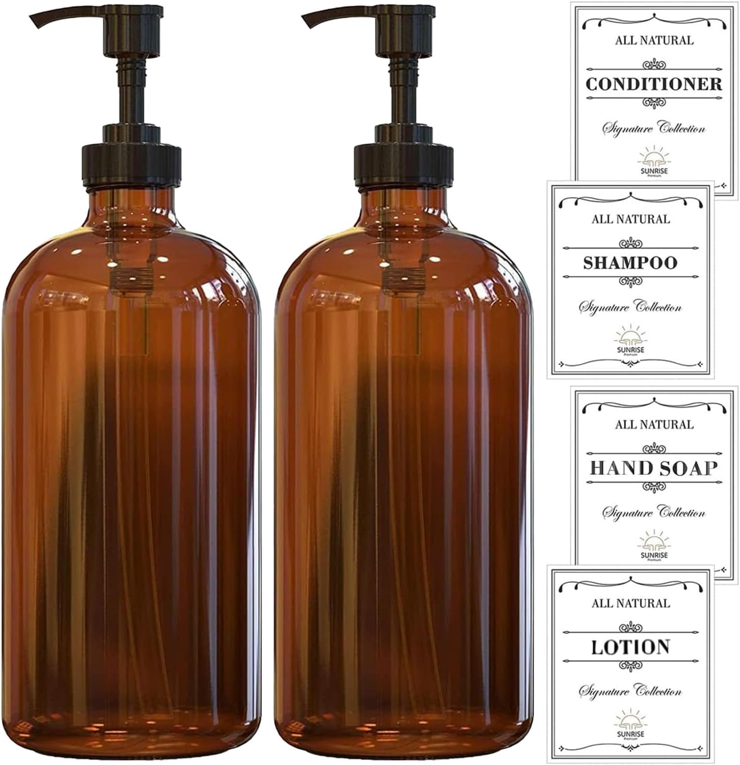 16 OZ Thick Amber Glass Soap Dispenser with Plastic Pump 2 Pack, Hand and Dish Soap Dispenser Set for Bathroom with 6 Waterproof Labels