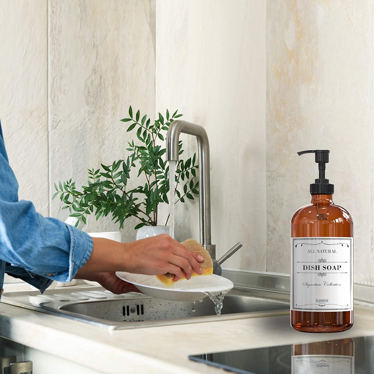 16 OZ Thick Amber Glass Soap Dispenser with Plastic Pump 2 Pack, Hand and Dish Soap Dispenser Set for Bathroom with 6 Waterproof Labels - Image 7