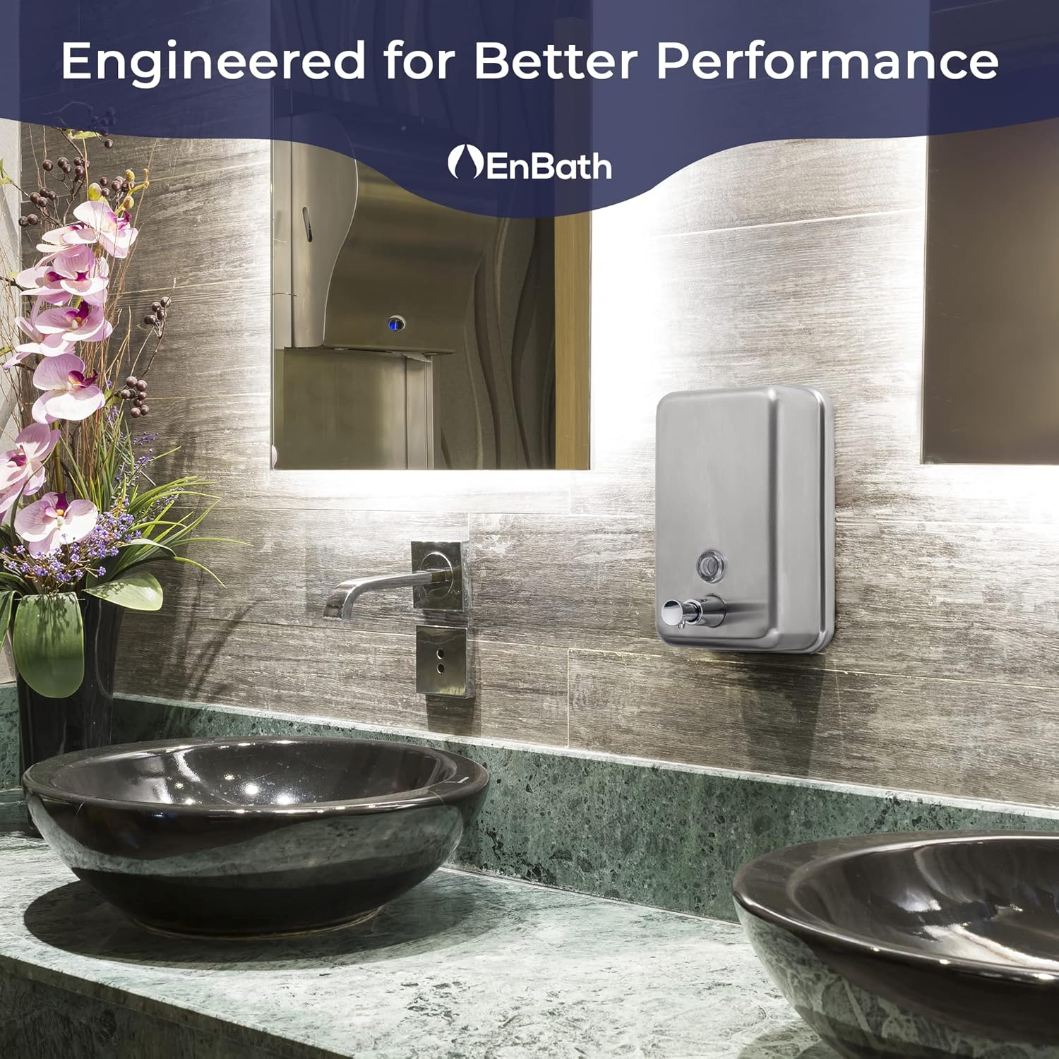 Commercial Soap Dispenser Wall Mount - Stainless Steel Wall Mounted Soap Dispenser for Bathroom - New Superior Design with Premium Anti-Leak Pump and Corrosion-Proof Lining - 37oz (1100ml) by EnBath - Image 5