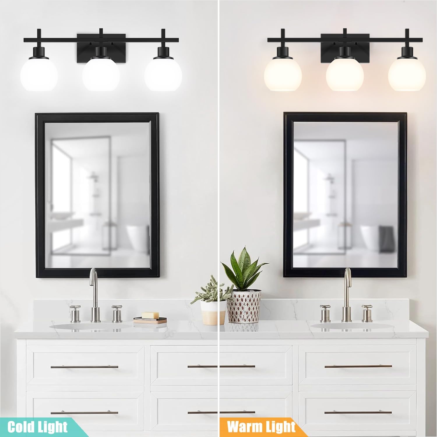 Modern Vanity Lighting Fixtures,3-Light Black Bathroom Lighting Fixtures Over Mirror,Bathroom Wall Mounted Vanity Light with Milky White Glass Lampshade for Living Room,Bedroom,Hallway - Image 3