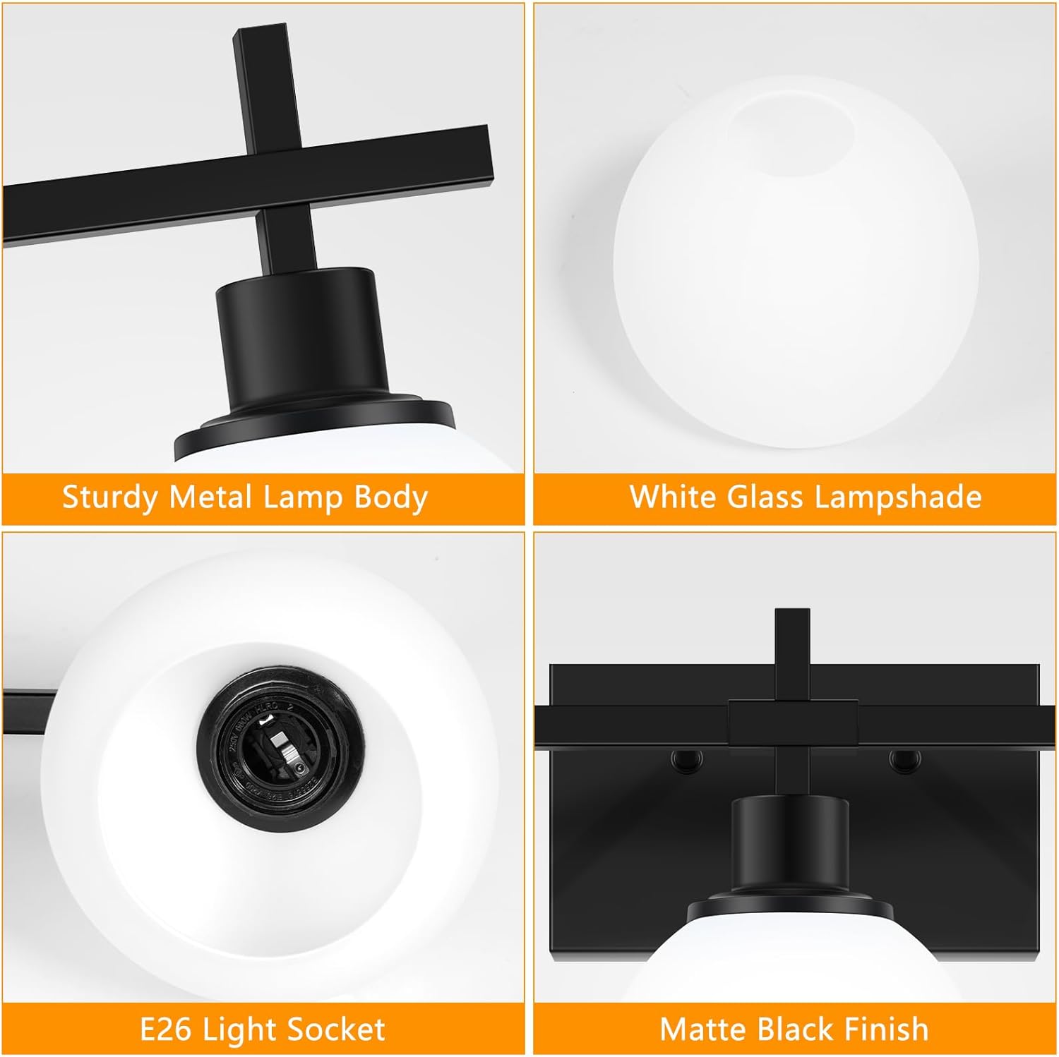 Modern Vanity Lighting Fixtures,3-Light Black Bathroom Lighting Fixtures Over Mirror,Bathroom Wall Mounted Vanity Light with Milky White Glass Lampshade for Living Room,Bedroom,Hallway - Image 4