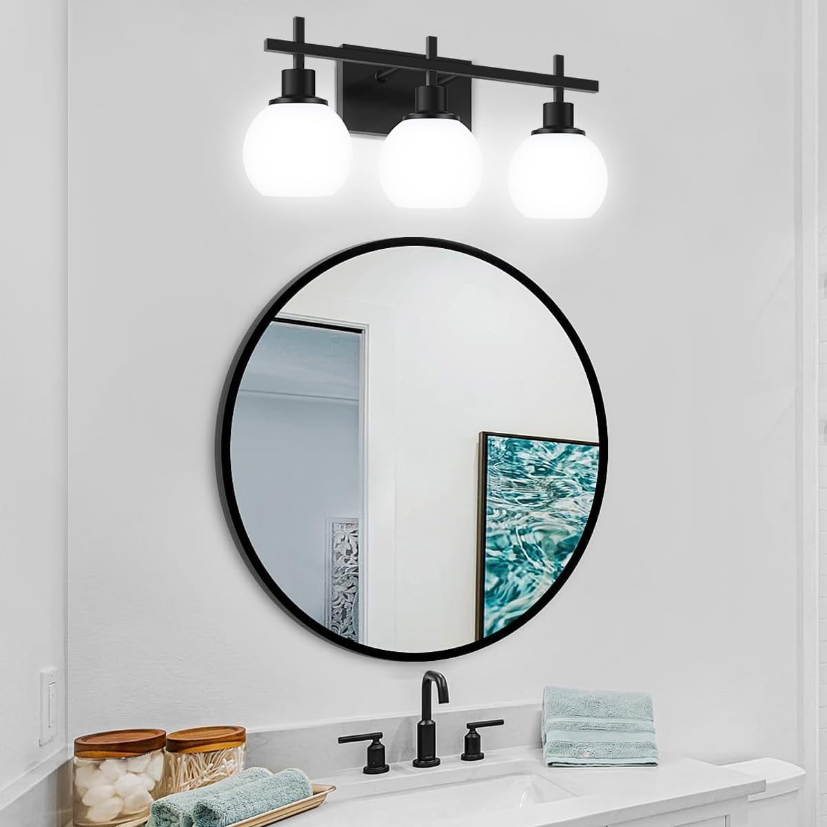 Modern Vanity Lighting Fixtures,3-Light Black Bathroom Lighting Fixtures Over Mirror,Bathroom Wall Mounted Vanity Light with Milky White Glass Lampshade for Living Room,Bedroom,Hallway - Image 6