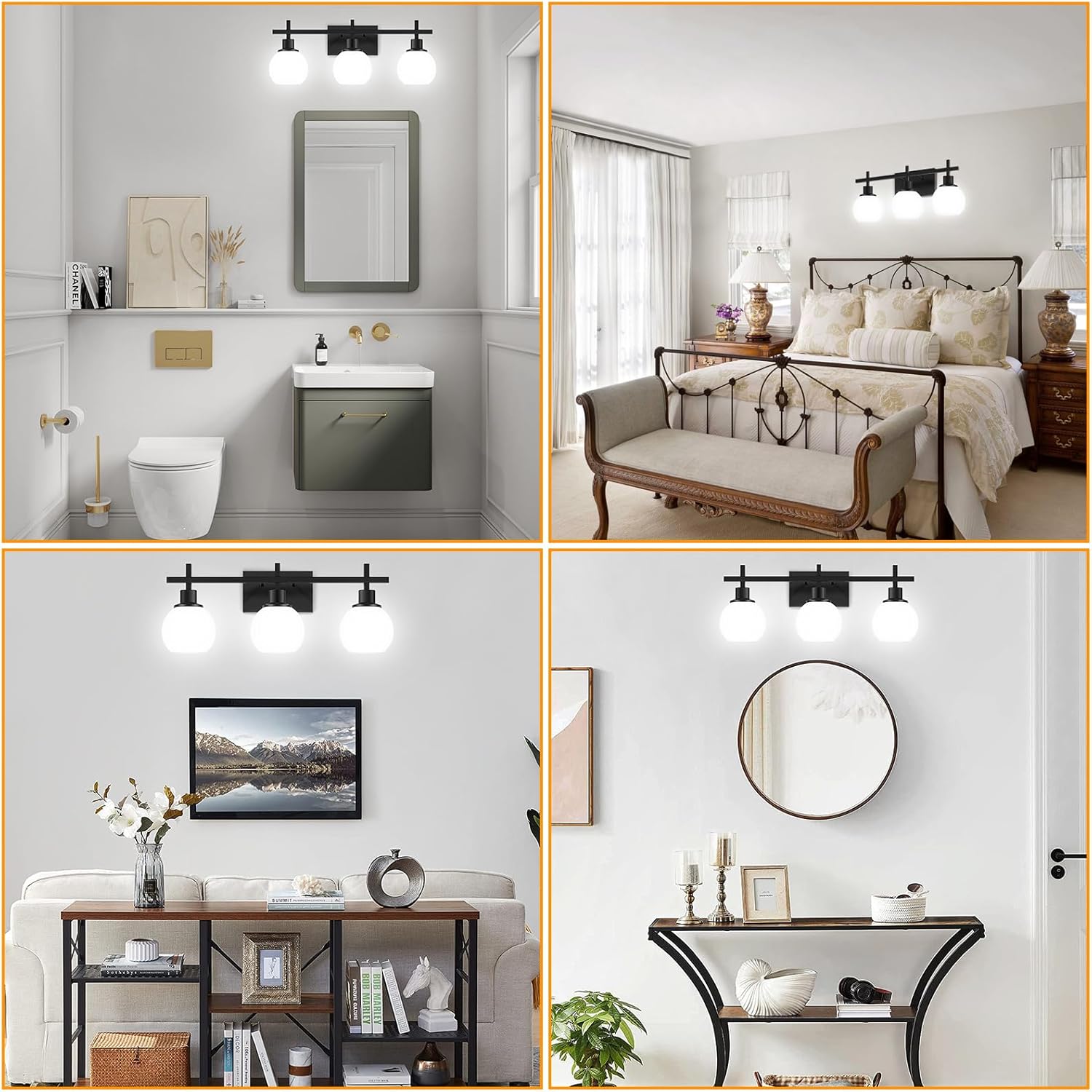 Modern Vanity Lighting Fixtures,3-Light Black Bathroom Lighting Fixtures Over Mirror,Bathroom Wall Mounted Vanity Light with Milky White Glass Lampshade for Living Room,Bedroom,Hallway - Image 7